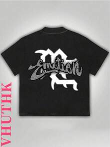 VHUTHK Double Sided Printing (220 Pure Cotton T-Shirt) 'nation' Letters And Angel Portrait Pattern Printing For Men's Summer Round Neck Short Sleeved Casual Pure Cotton Printing - 黑色 - 查看 2