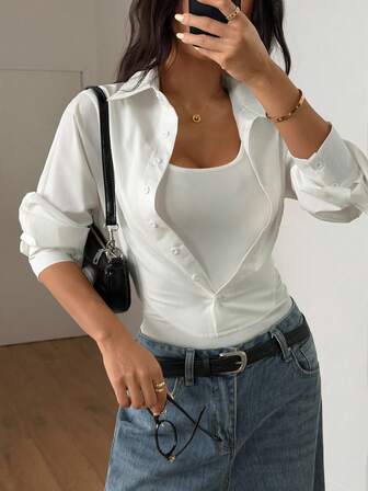 1 pieza Body de un solo color acanalado (texturizado) 2 en 1/Desmontable para mujeres, adecuado para vacaciones, uso diario, citas, playa, primavera/verano