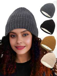 1 件男女通用罗纹缎纹内衬厚针织帽，纯色，保暖翻边滑雪帽，时尚情侣款，秋冬 - 彩色 - 查看 12