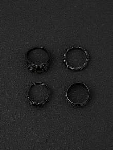 4pcs Gothic Style Skeleton Head Rings, Multi-Element Stackable Black Ring Set For Women - Black - View 5