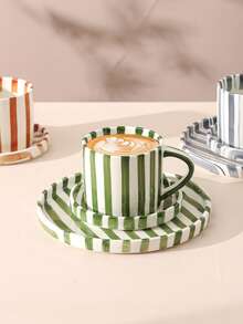 Zestaw 3 klasycznych ceramicznych filiżanek do kawy w paski, spodków i talerzyków, minimalistyczne kubki w stylu retro, skandynawskie, odpowiednie do latte, kawy, matchy, herbaty, kawy arabskiej, duża pojemność amerykańskiej filiżanki do kawy, świetny prezent dla przyjaciół i rodziny - Wielokolorowe - Zobacz 6