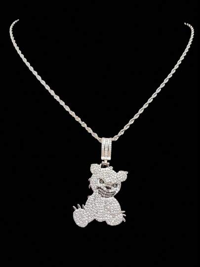 1个立方氧化锆小熊吊坠和1条3毫米不锈钢扭链项链，男女皆宜的嘻哈朋克动物吊坠项链，时尚复古饰品，适合日常佩戴或参加派对，情人节礼物