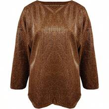 Top de lentejuelas con cuello redondo para mujer, blusa de manga larga brillante, traje de para concierto para noches de club - Dorado + M - Ver 5