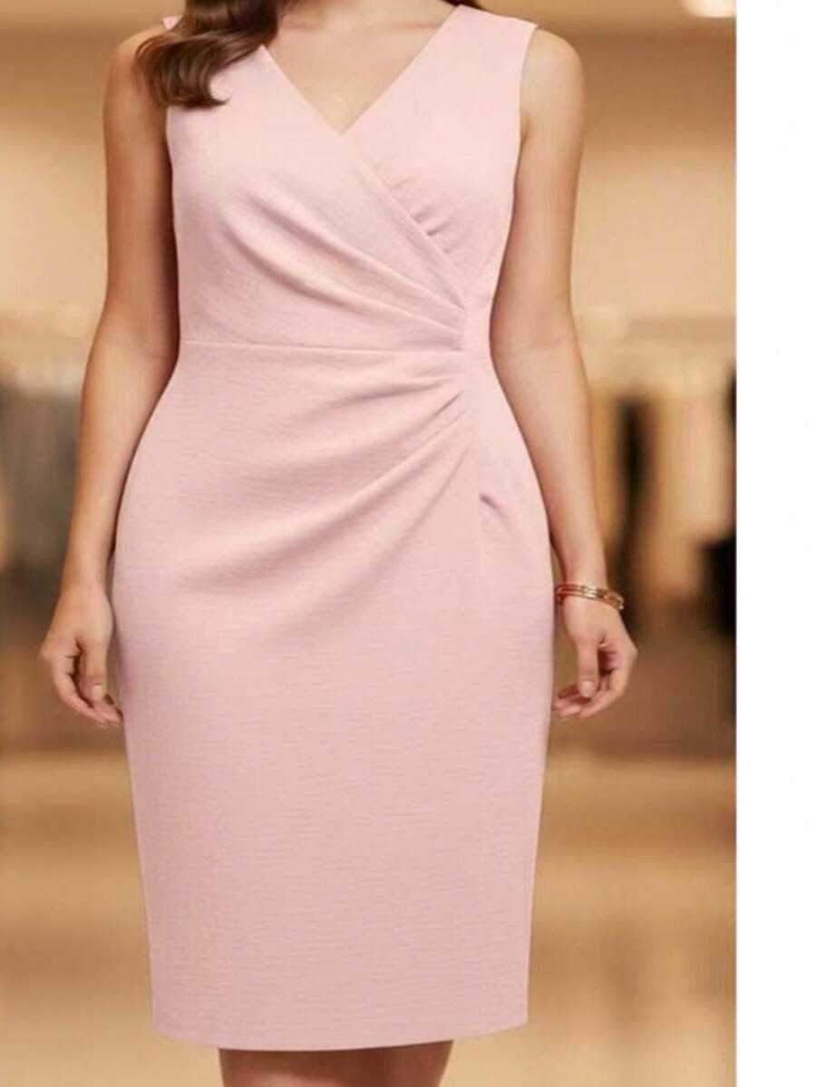 Classic Midi Dress - Duna Linen With Back Zipper, Wide Straps, Elegant Tie-Back Detail, Ruched Detail, Suitable For Formal And Evening Wear. - Baby Pink - View 1