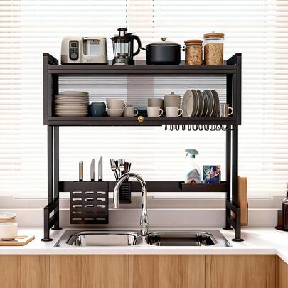YUWUAR Escurridor de platos grande sobre el fregadero, escurridor de platos de 3 niveles sobre el fregadero con soporte para utensilios, escurridor de platos para la encimera de la cocina, organizador de cocina de metal