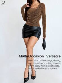 Slim Fit Turtleneck Long Sleeve Knit Top, Unique European Design - Gold - View 7