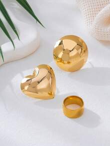 3pcs Gold Metal Heart & Geometric Shaped Exaggerated Fashion Jewelry, Suitable For Daily Wear And Festivals - Yellow Gold - View 2