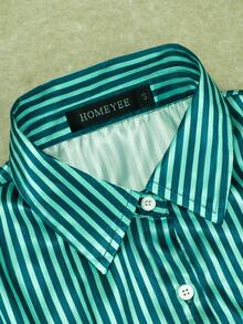 HOMEYEE Women's Fashionable Green Striped Button-Front Long Sleeve Office/Business Commute Shirt - Green - View 3