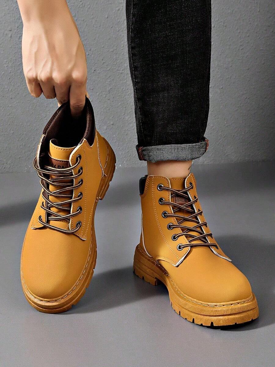 Zapatos de hombre, botines cómodos de hombre, punta redonda con cordones, botines estilo western para hombre. - Caqui - Ver 1
