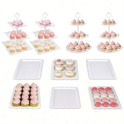 10 Pcs Cake Stand White Plastic Dessert Table Display Set 4 Pcs 3 Tired Cupcake Stand Cookie Tray Rack Serving Tray Cake Display Tower And 6 Pcs Dessert Trays For Wedding Baby Shower Tea Party (White)
