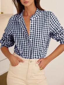 Áo sơ mi nữ kẻ caro, kiểu dáng cổ điển với hàng cúc phía trước, áo polo tay dài phối màu kẻ caro dáng rộng, cài một hàng cúc. - Màu xanh lam - Xem 2