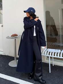 Seelio 秋冬新款女士欧美时尚经典双排扣风衣羊毛大衣 - 藏蓝色 - 查看 4