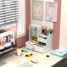 1pc Large Capacity White Desktop Bookshelf, Slanted Pen Holder, Multi-Function Pen Cup, Minimalist Drawer-Style Office Stationery Storage Box, Desktop Marker Pen Organizer Rack, Back To School Essential - White - View 3