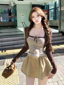 2pcs/Set Women Casual Striped Camisole & Cardigan Sweater Set, Cute For Christmas & New Year, Suitable For Outings, Dates, Afternoon Tea, Spring - Brown - View 3