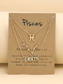 3pcs/set Vintage English Alphabet & Symbol & Star Sign Design Constellation Card Pendant Necklaces - Yellow Gold - View 14