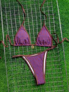 wohenmeili Set Bikini Halter Motif Kotak-kotak untuk Liburan Musim Panas Wanita di Pantai - Kotak-kotak coklat dan biru - View 8