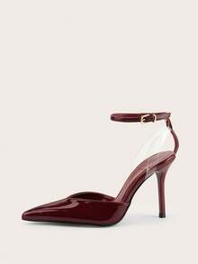 Sexy Buckle Criss-Cross Strap Party Minimalist Chic Commute Sexy Buckle Party Banquet Wine Red Patent Leather Closed Toe Stiletto High Heels - Burgundy - View 2