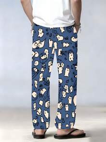 Men'S Casual Loose-Fit 3D Print White Cat Pants With Drawstring Waist & Pockets - Soft Non-Stretch Fabric, All-Season Comfort, Playful Cat Design For Home Relaxation, Comfortable Loungewear, Relaxed Fit Pants, Durable Loungewear, Men Pant, Men Casual Pant, Men Long Pant, Toy Poo Pants For Men, Dog Print Pant, Dog Printing Pants, Men Print Dog Pant, Men Pyjama Bottom, Pyjama For Men, Night Wear For Men, Men Pj Bottom, Men Hose - 彩色 - 查看 5