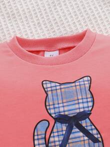 1 pièce Robe Sweat-shirt à manches longues en tricot doux avec motif "Mon chat", nœud papillon et chat. Motif à carreaux, pour l'automne/l'hiver - Rose orangé - Voir 3