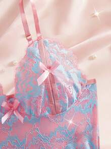 睫毛蕾丝性感内衣套装蝴蝶结镂空露胸文胸开裆女式V领性感可调节肩带内衣套装 - 天藍色 - 查看 6