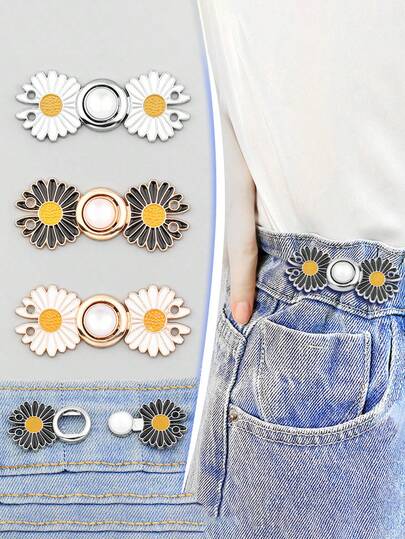 2/10pcs Belt Tighteners, Multi-Functional Daisy Belt Buckle - Adjustable Waist, Equipped With Magical White Button Floral Belt Pin, Waist Fastener, Adjustable Button Waist Clip - Suitable For Jeans, Pants, Skirts, Coats, Windproof Jackets, Work Pants, And Shorts.