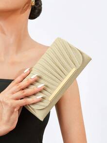 Elegant Ruched Square Bag With Metal Decor Flap Bag Glamorous Glitter Evening Bag For Wedding For Banquet - Gold - View 6