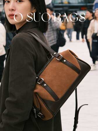 1pc Patchwork PU Leather Casual Versatile Large Capacity Handbag, Retro Commuter Shoulder Bag, Suitable For Shopping, Work And Commuting