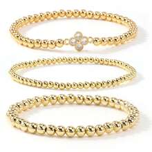 3pcs/Set Fashion Casual Copper Bead Bracelet, Clover Bracelet, Random Bead Sequence, Elastic Bracelet, Copper Bead Elastic Bracelet, Stackable Elastic Bracelet, 18K Gold Plated Copper Bead Bracelet, Waterproof And Fade-Resistant, Suitable For Sisters, Couples, Friends, Birthday, Christmas, Anniversary Gifts - Multicolor - View 10