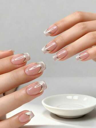 24pcs Short Square Stylish French Transparent Cat Eye Design Glossy False Nails With Nail File, Upgrade Your Look