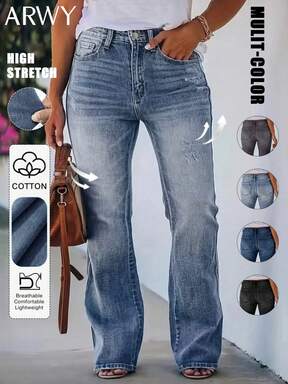 ARWY Casual Straight Leg Washed Denim Jeans With Pockets & Zipper, Stretchy Plus Size Flare Leg Jeans For Women, Suitable For Daily, Airport, Travel, Formal, Vacation, Back To School, Pride Month, Christmas, All Seasons