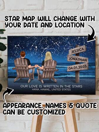 Catygift Artă înrămată personalizată cu cer înstelat, poster de perete imprimat, pictură pe pânză personalizată cu cerul nopții, cadou unic de aniversare a cuplului, decor romantic pentru o întâlnire de nuntă