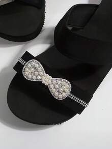 2025 Neue Schleifen-Kristall-Perlen-Dekor Plateau-Keilsandalen mit dicker Sohle, koreanischer süßer und cooler Stil, geeignet für den täglichen Gebrauch, Urlaub, Strand, Plateau-Schuhe - Schwarz - Übersicht 8