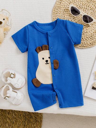 Bộ áo liền quần ngắn tay cài nút hình hoạt hình dễ thương cho bé trai sơ sinh, chất liệu mềm mại, họa tiết sọc, kiểu dáng thường ngày.