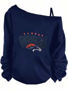 Denver Broncos Off - Shoulder Sweatshirt For Women - Long Sleeve Loose Fit Casual Graphic Top With Gathered Sleeves,  Team Spirit Style, Blue & Orange Horse Head Graphic- Winter Clothes For Women,New Years Outfit Women,Christmas Outfit - Women's Winter Outfits: Elegant Conjunto De Mujeres + Flowy Top, Blusas & Top Negro - 藏蓝色 - 查看 7