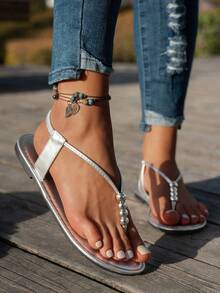 Handmade Beaded Bohemian Summer Women Flat Sandals - Silver - View 4