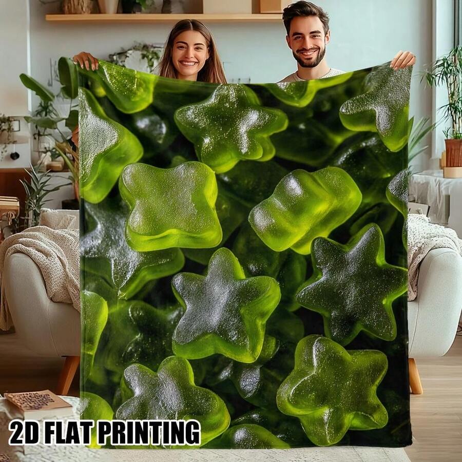 1pc Green Jelly Delight Throw Blanket - Cute Star-Shaped Gummy Bear Design, Soft Glossy Digital Print Polyester, Lightweight All-Season Cozy Blanket For Bed, Sofa, Travel, Camping, Christmas, Halloween, New Year Gifts For Friends & Family, Camping Ess - 彩色 - 查看 1
