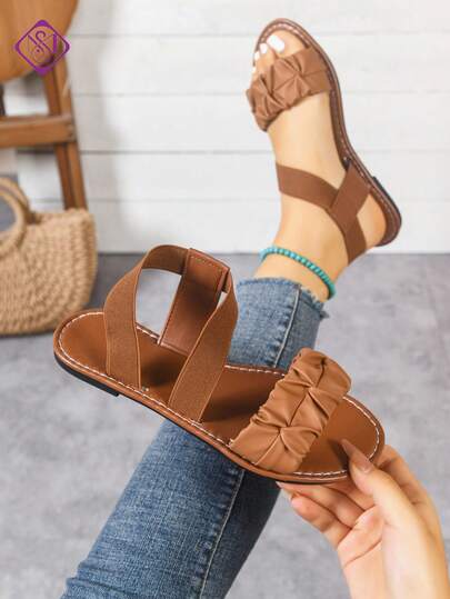Women's Wide Width Ruched Decor Lightweight Flat Sandals, Comfortable Breathable Criss-Cross Elastic Band Casual Sandals, Elegant Fashion Outdoor Beach Flat Sandals