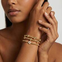 3pcs/Set Fashion Casual Copper Bead Bracelet, Clover Bracelet, Random Bead Sequence, Elastic Bracelet, Copper Bead Elastic Bracelet, Stackable Elastic Bracelet, 18K Gold Plated Copper Bead Bracelet, Waterproof And Fade-Resistant, Suitable For Sisters, Couples, Friends, Birthday, Christmas, Anniversary Gifts - Multicolor - View 2