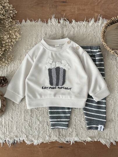 2pcs/Set Baby Popcorn Applique Letter Print Long Sleeve Sweatshirt And Pants Set, Spring/Autumn