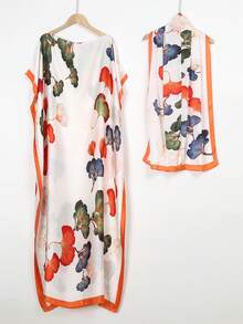 1pc Lightweight Faux Silk Printed Robe With Scarf Set, Women Coverup For Beach, Sun Protection, Daily Wear - Multicolor - View 23