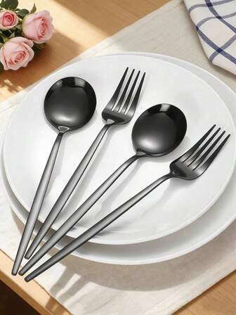 2/4/6/8/12/24件套不锈钢镜面餐具套装，适用于家庭厨房、餐厅、酒店、节日聚会、婚礼、派对等场合。