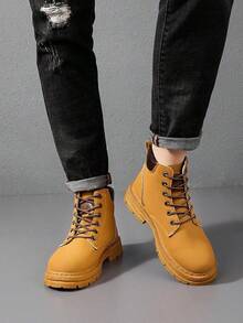 Zapatos de hombre, botines cómodos de hombre, punta redonda con cordones, botines estilo western para hombre. - Caqui - Ver 2