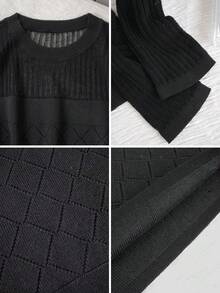 Thin Soft Diamond Grid Sheer Slimming Waist Long Sleeve Women's Sweater, Fitted Knit Top Suitable For Outings, Dates, Vacations, Evenings, Parties, Christmas, New Year, Commuting, Spring/Summer - Black - View 9