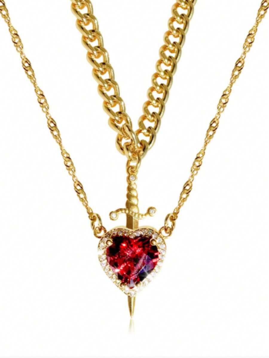 1 Collar con colgante con forma de corazón de multi-capa con cadena dorada y rhinestones rojos de diseño de moda, diseño en capas, adecuado para uso diario de mujeres en el Día de San Valentín - collar - Ver 1