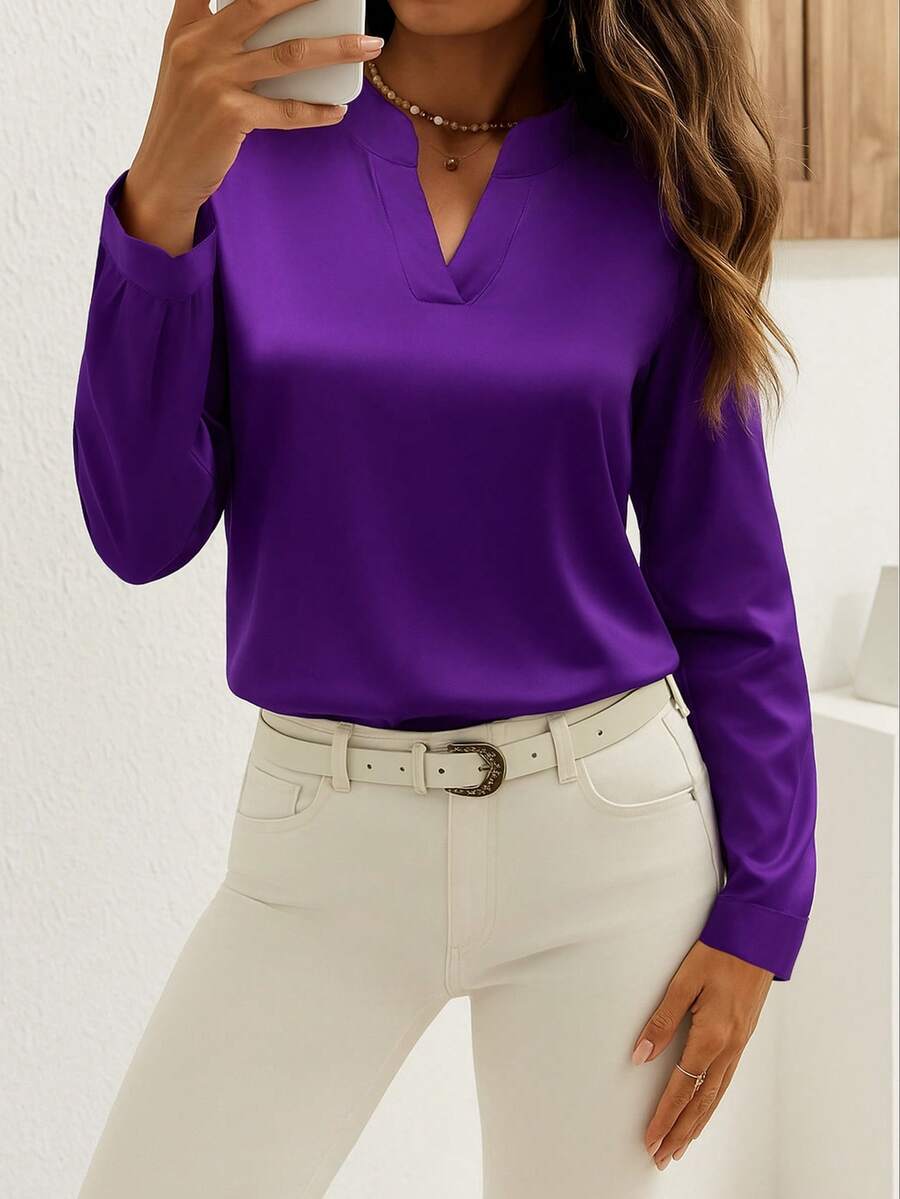 Blusa de satén con cuello en V y manga larga, camisa elegante y minimalista para la oficina y el uso diario, primavera - Morado - Ver 1
