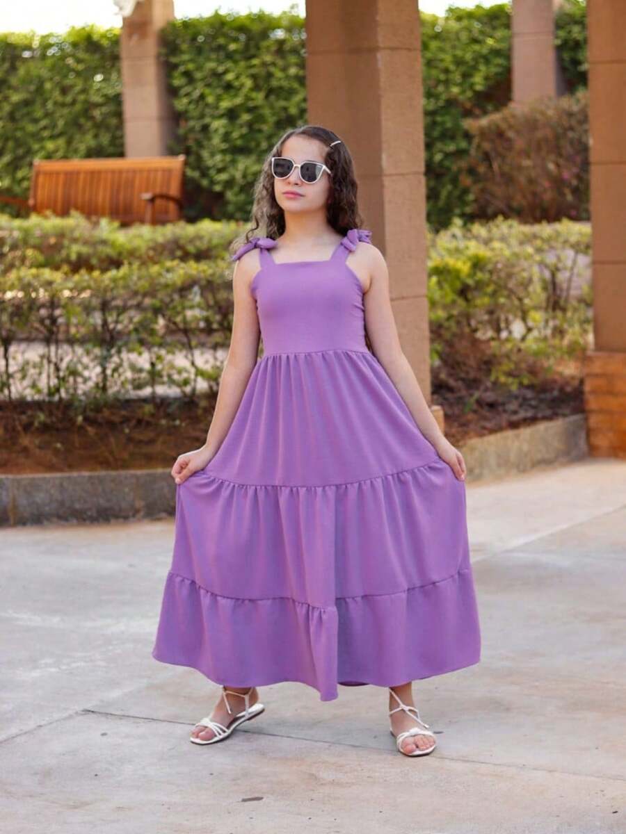 Girls' Long Three-Tiered Dress With Straps | Duna Fabric | Elastic Back | Sizes 12 To 16 - 紫丁香色 - 查看 1