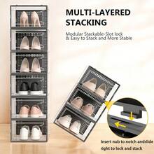 Organizador de zapatos grande (12 unidades) para armario, cajas modulares para ahorrar espacio, contenedores apilables de plástico transparente, vitrinas con tapas, zapatero para guardar zapatillas, color blanco - L-Negro (Engrosado) - Ver 7