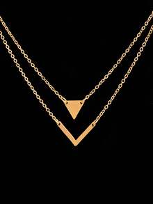 1pc Fashionable European & American Style Geometric V-Shaped & Inverted Triangle Double Layer Necklace, Elegant & Beautiful For Daily Wear - Gold - View 2