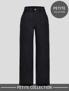 Mid Rise Wide Leg Jeans Star Design Petite Straight Leg Jeans Casual Black Spring - Black - View 6