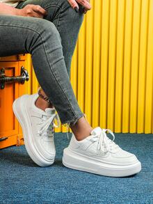 Women's Casual Sneakers, Solid Color, Lightweight, Suitable For All Seasons, PU Leather Upper, Elevated And Thickened EVA Sole, No Prints, Fabric Lining, EVA Insole, Stylish White Sneakers - White - View 2